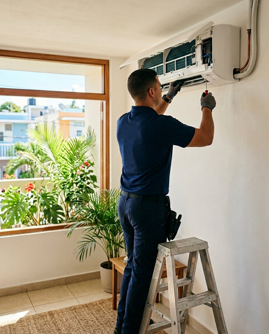 Técnico de J&G Air Conditioning instalando un mini split en un hogar de Puerto Rico